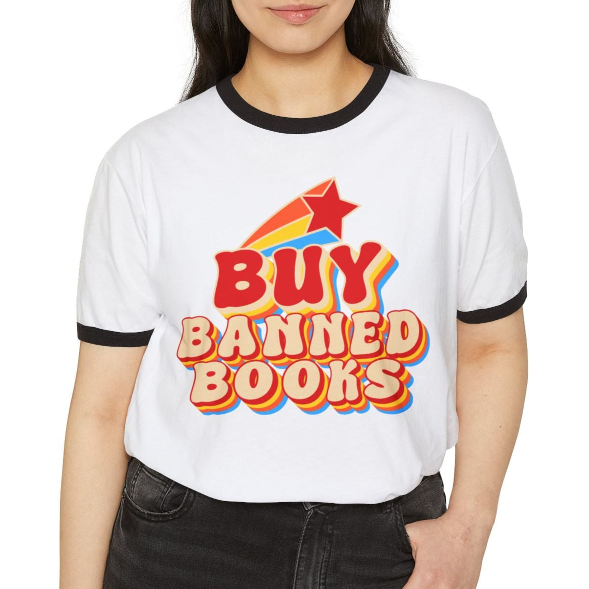 BUY BANNED BOOKS - Unisex Ringer Tee - Bringing attention to the over 10,000 books that have been banned in the past year.