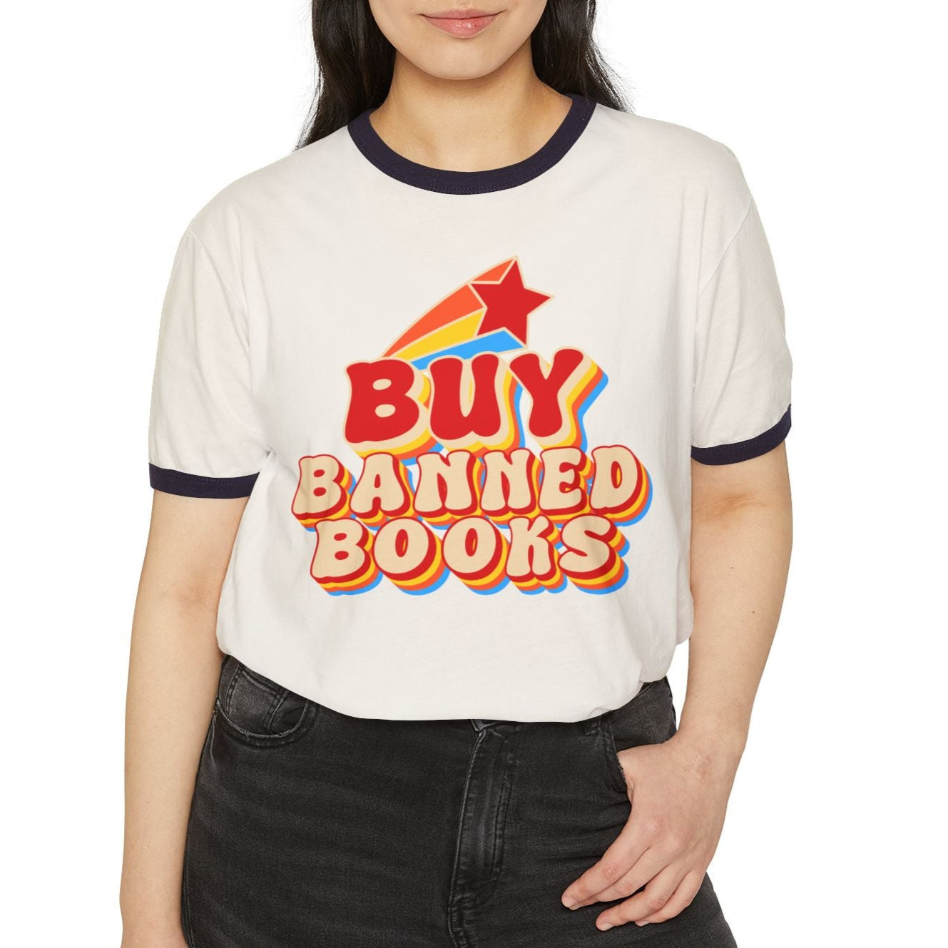 BUY BANNED BOOKS - Unisex Ringer Tee - Bringing attention to the over 10,000 books that have been banned in the past year.