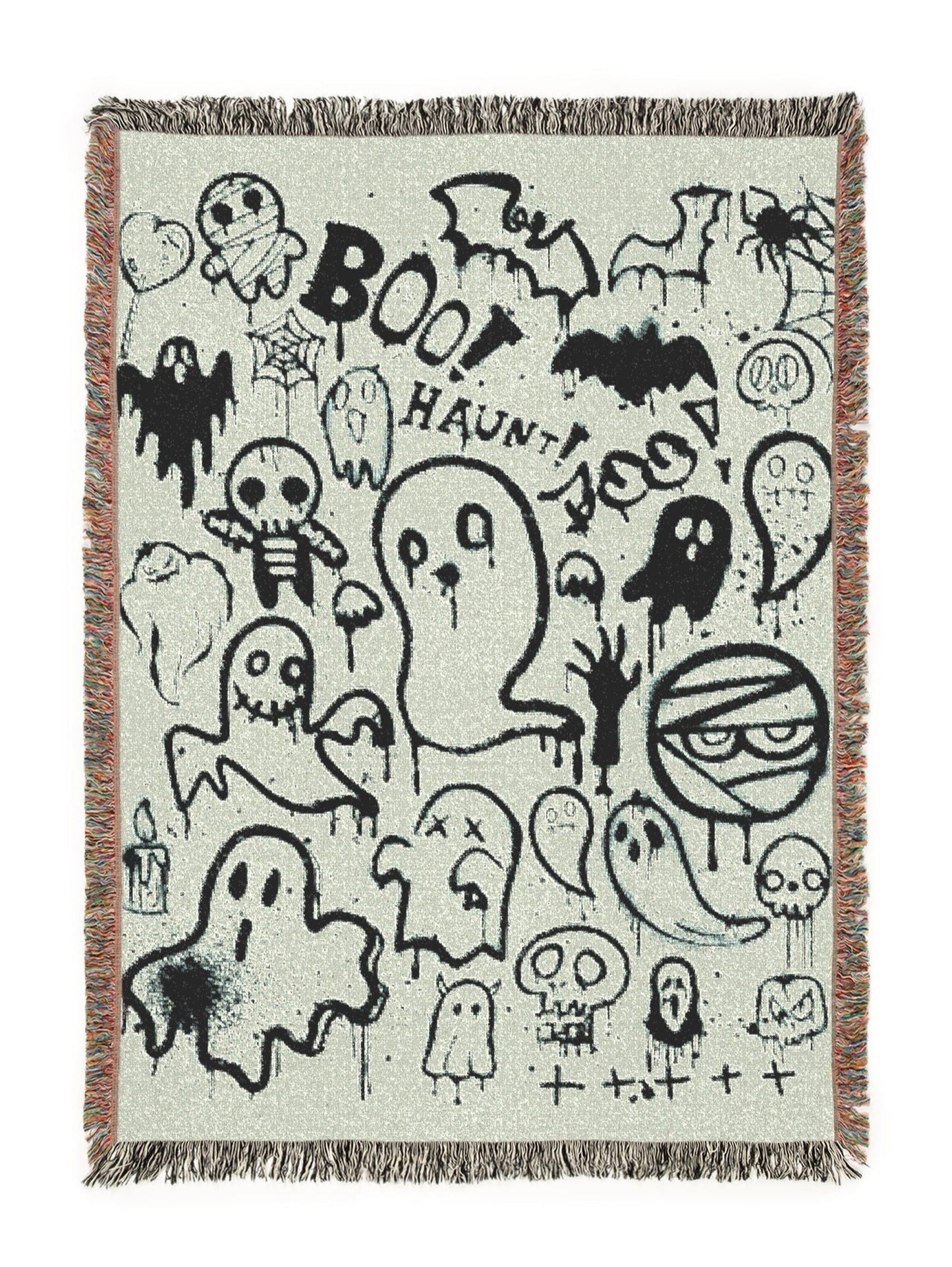 Halloween-themed blanket with black graphics on a white background
