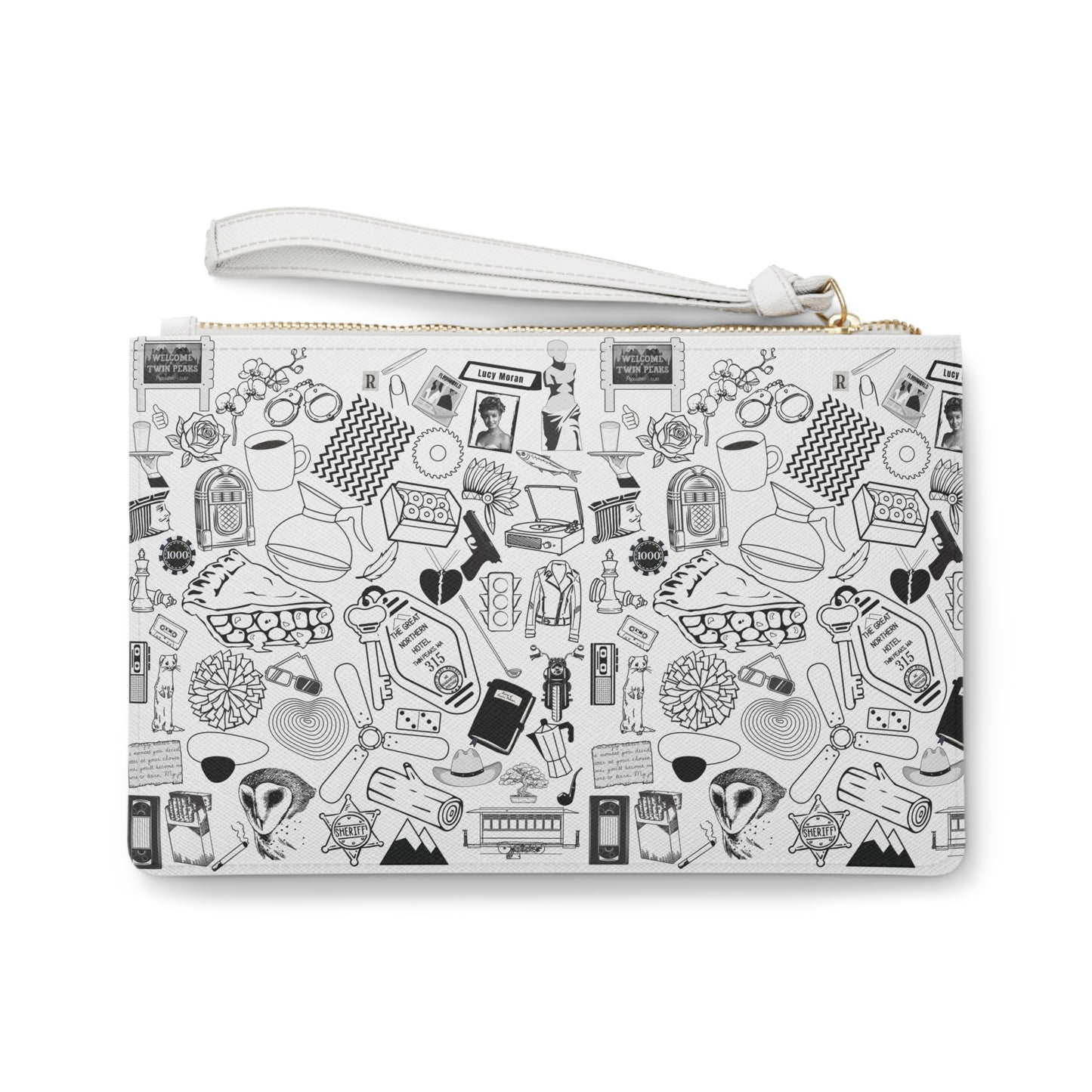 Twin Peaks Doodles Premium Vegan Leather Wristlet Clutch Bag - White