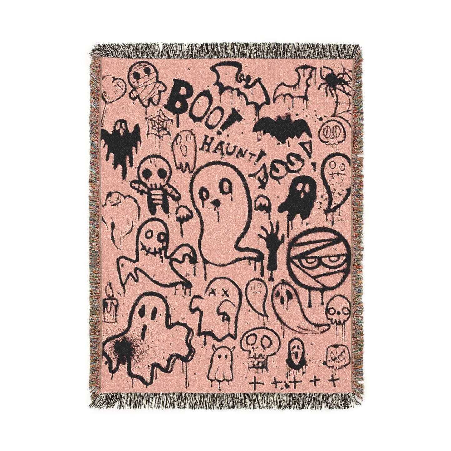 Pink blanket with black Halloween-themed designs on a white background