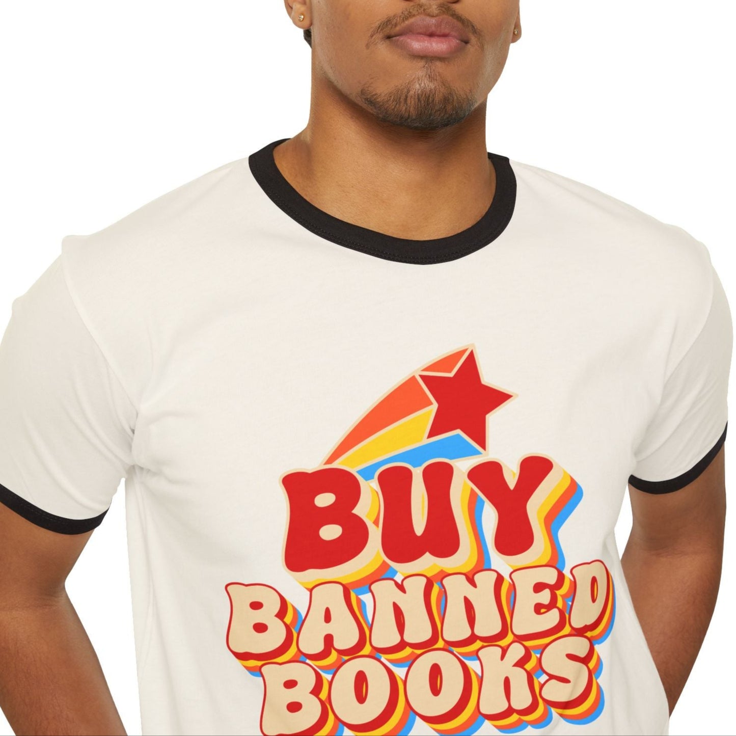 BUY BANNED BOOKS - Unisex Ringer Tee - Bringing attention to the over 10,000 books that have been banned in the past year.