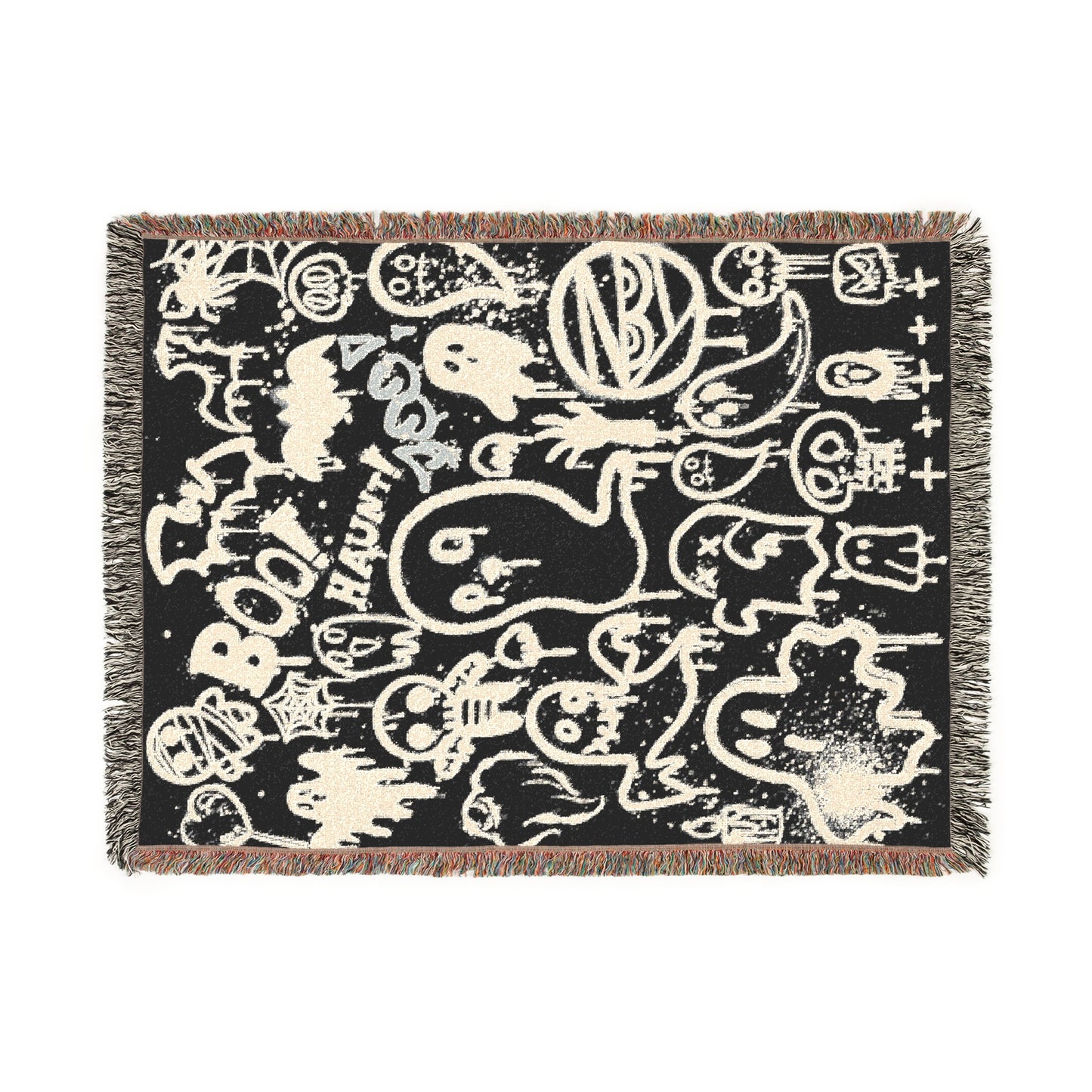 Modern Ghost - Halloween - Woven Jacquard Tapestry Throw Blanket - Ghost Black