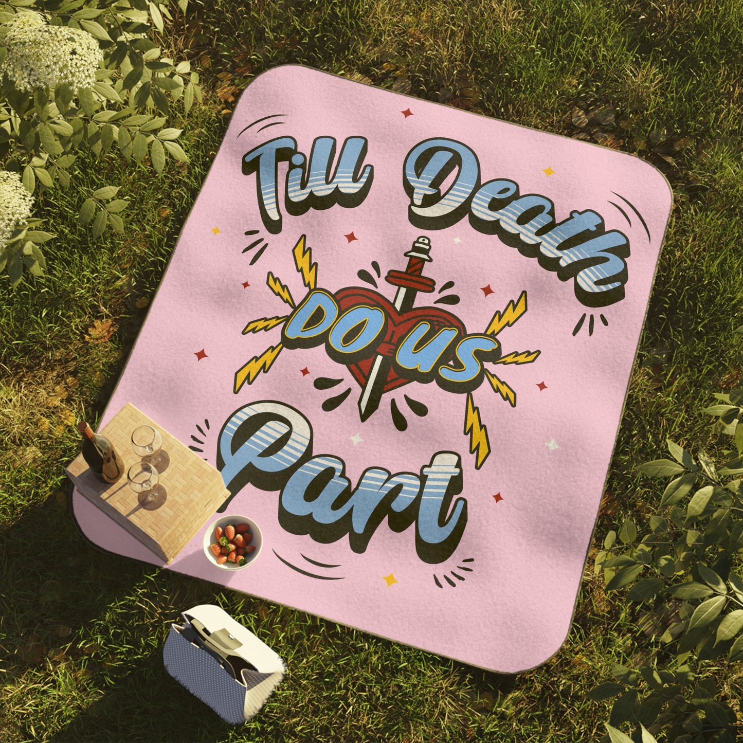 Till Death Do Us Part - Picnic Blanket with Carry Strap for Couples, Romantic Outdoor Blanket, Wedding Gift, Engagement Picnic Gear - Cool Pink