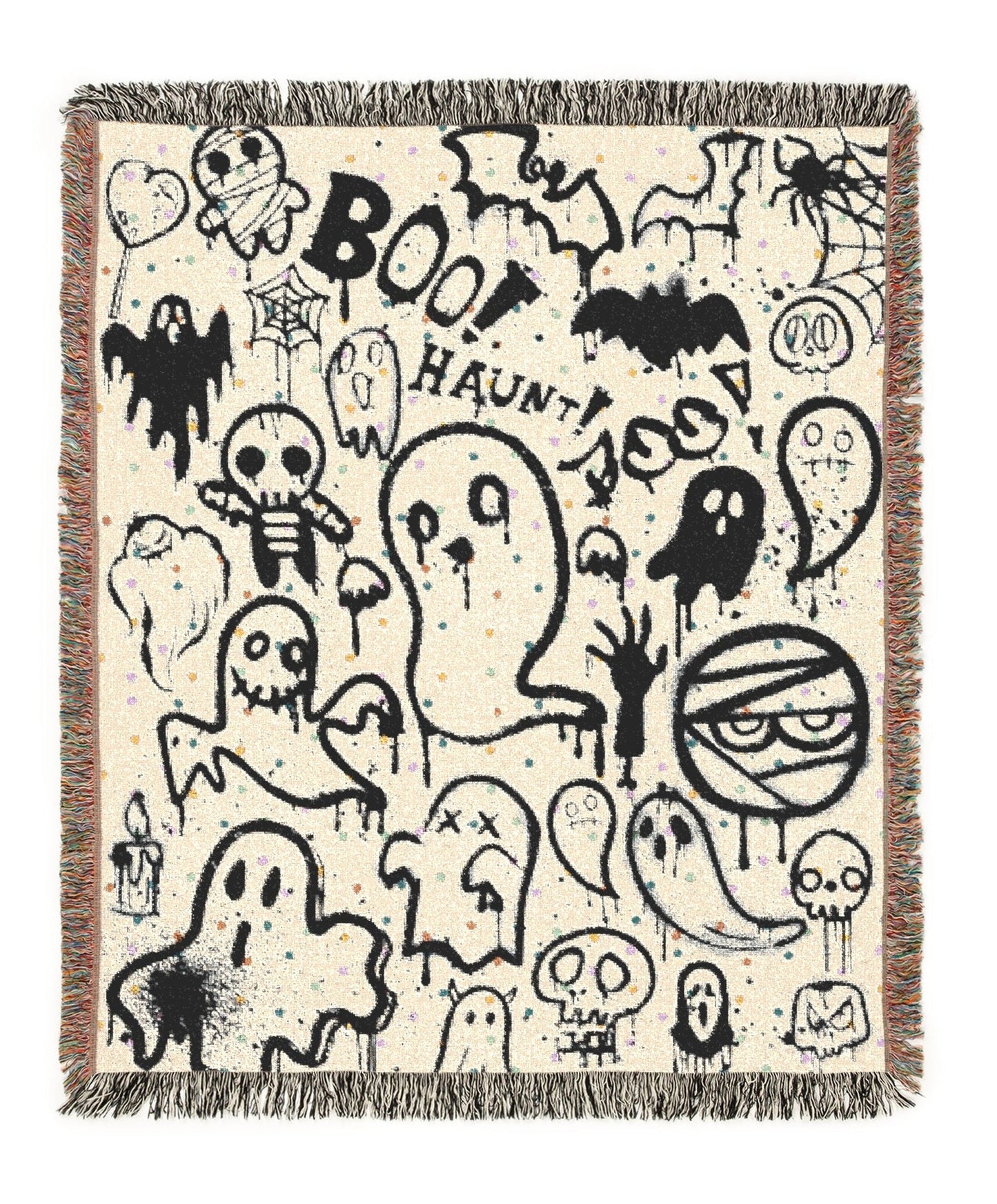 Halloween-themed blanket with black graphics on a beige background
