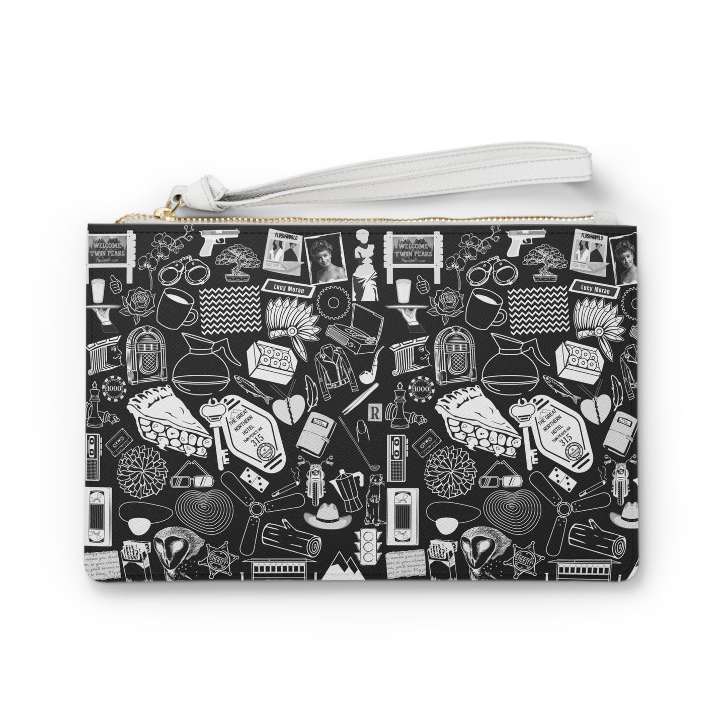 Twin Peaks Doodles Premium Vegan Leather Wristlet Clutch Bag - Black