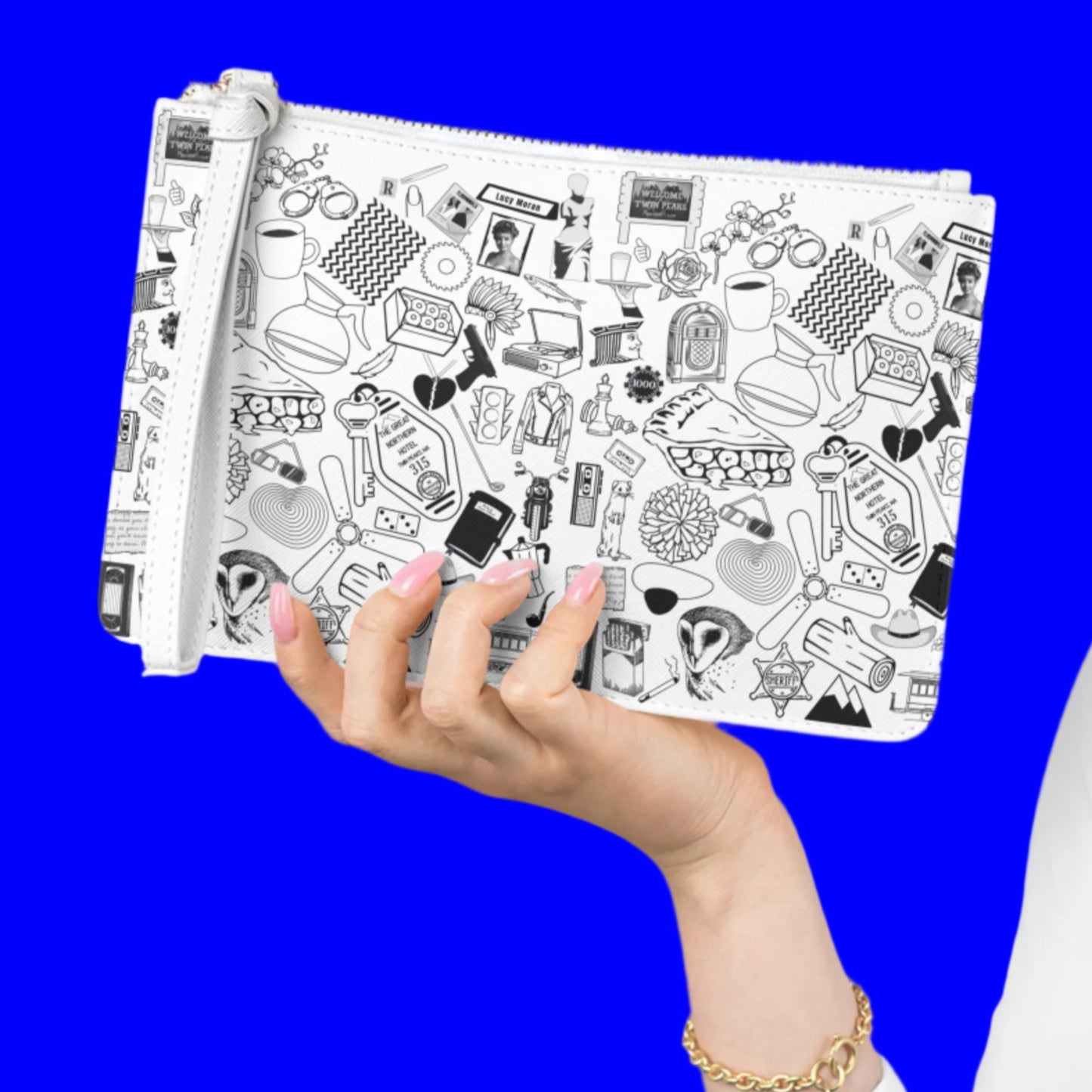Twin Peaks Doodles Premium Vegan Leather Wristlet Clutch Bag - White