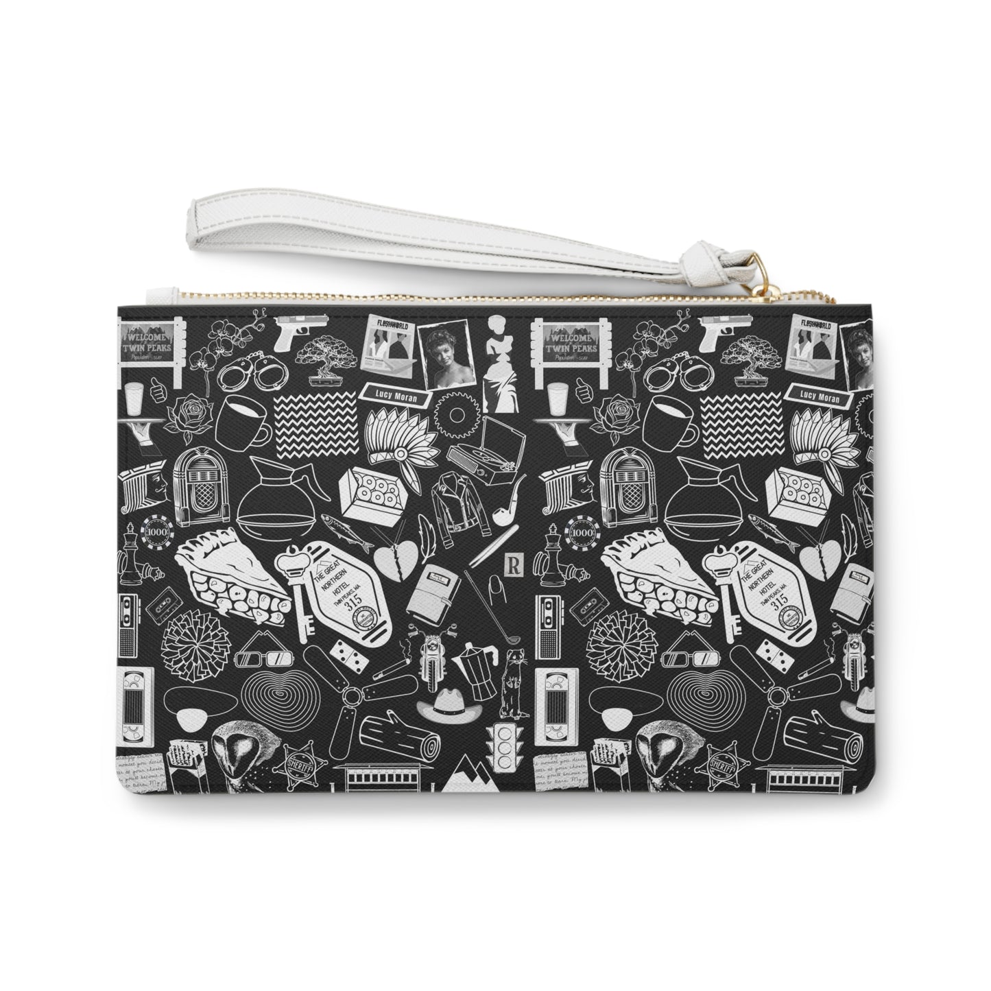 Twin Peaks Doodles Premium Vegan Leather Wristlet Clutch Bag - Black