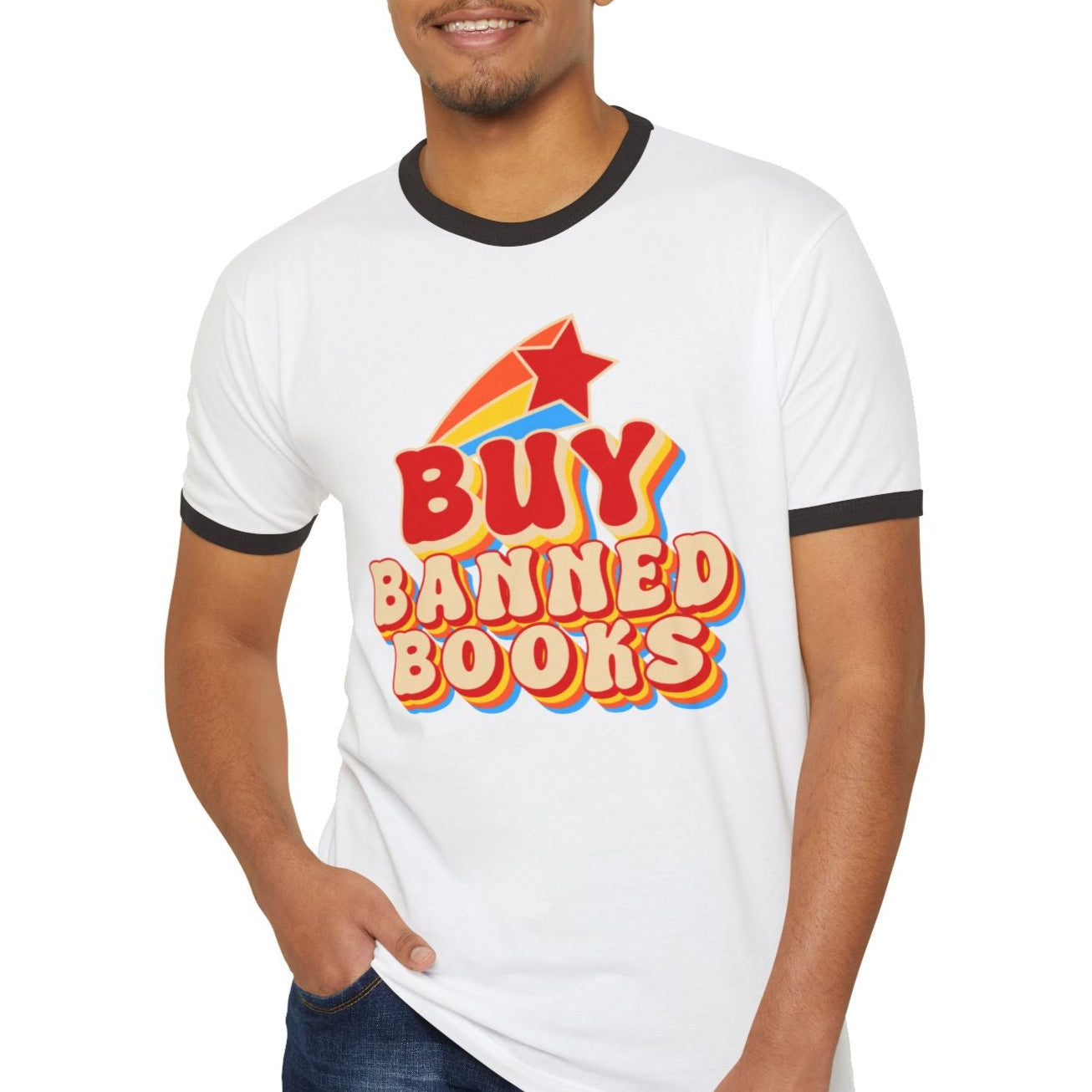 BUY BANNED BOOKS - Unisex Ringer Tee - Bringing attention to the over 10,000 books that have been banned in the past year.