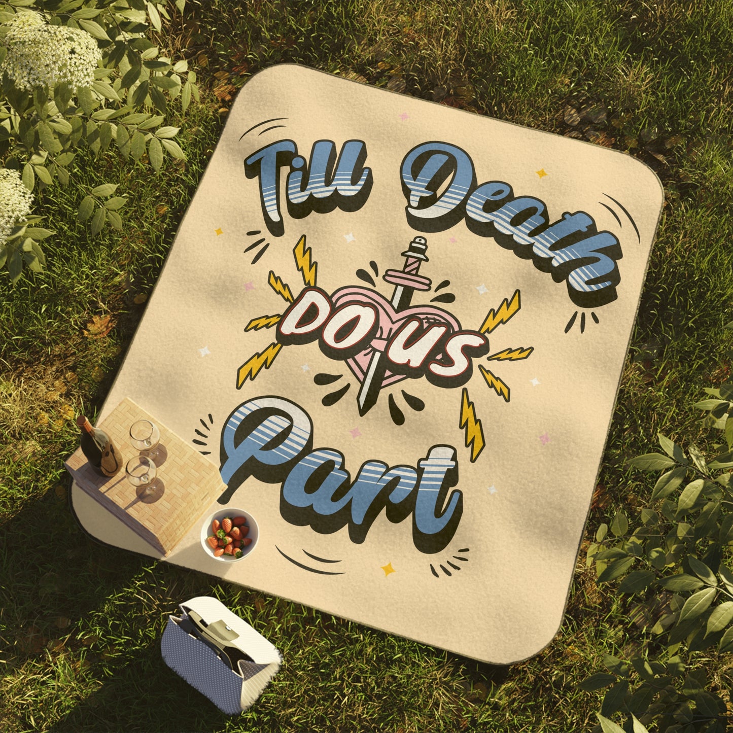 Till Death Do Us Part - Picnic Blanket with Carry Strap for Couples, Romantic Outdoor Blanket, Wedding Gift, Engagement Picnic Gear - Cream