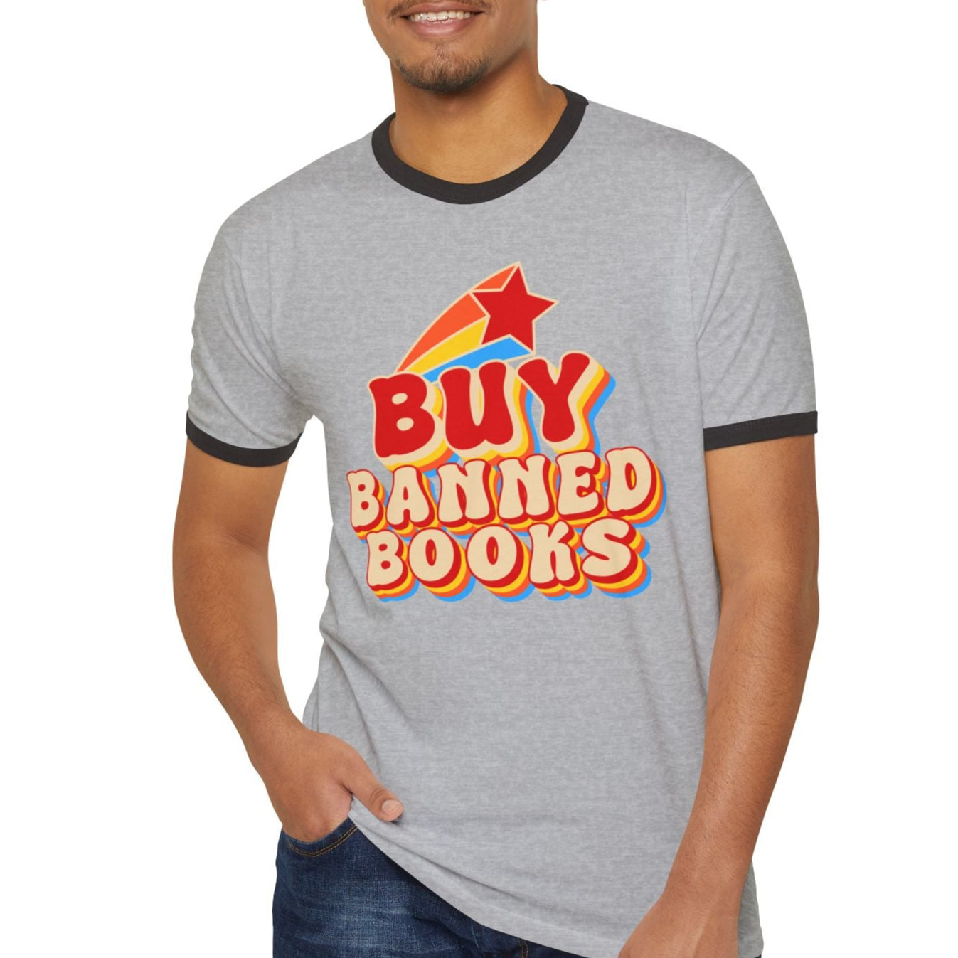 BUY BANNED BOOKS - Unisex Ringer Tee - Bringing attention to the over 10,000 books that have been banned in the past year.