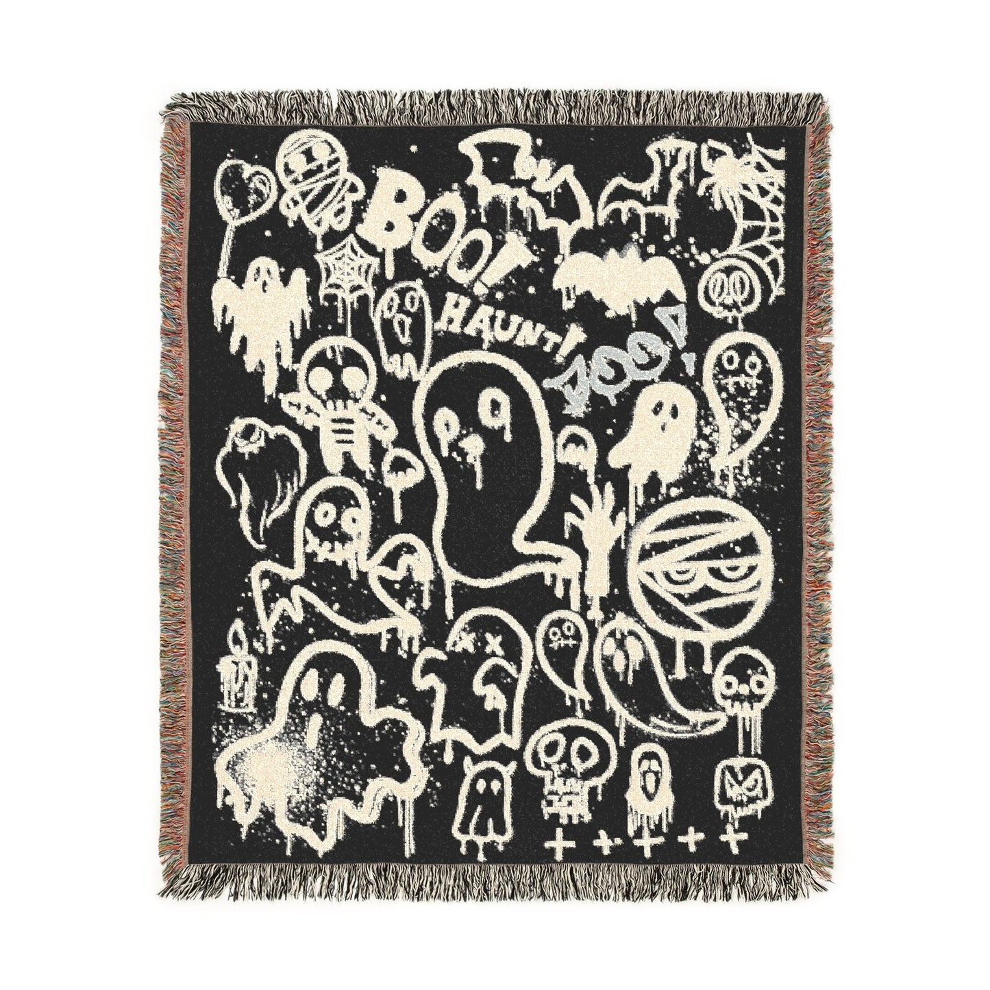Modern Ghost - Halloween - Woven Jacquard Tapestry Throw Blanket - Ghost Black