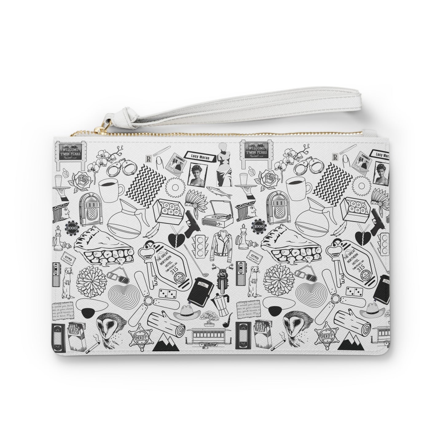 Twin Peaks Doodles Premium Vegan Leather Wristlet Clutch Bag - White