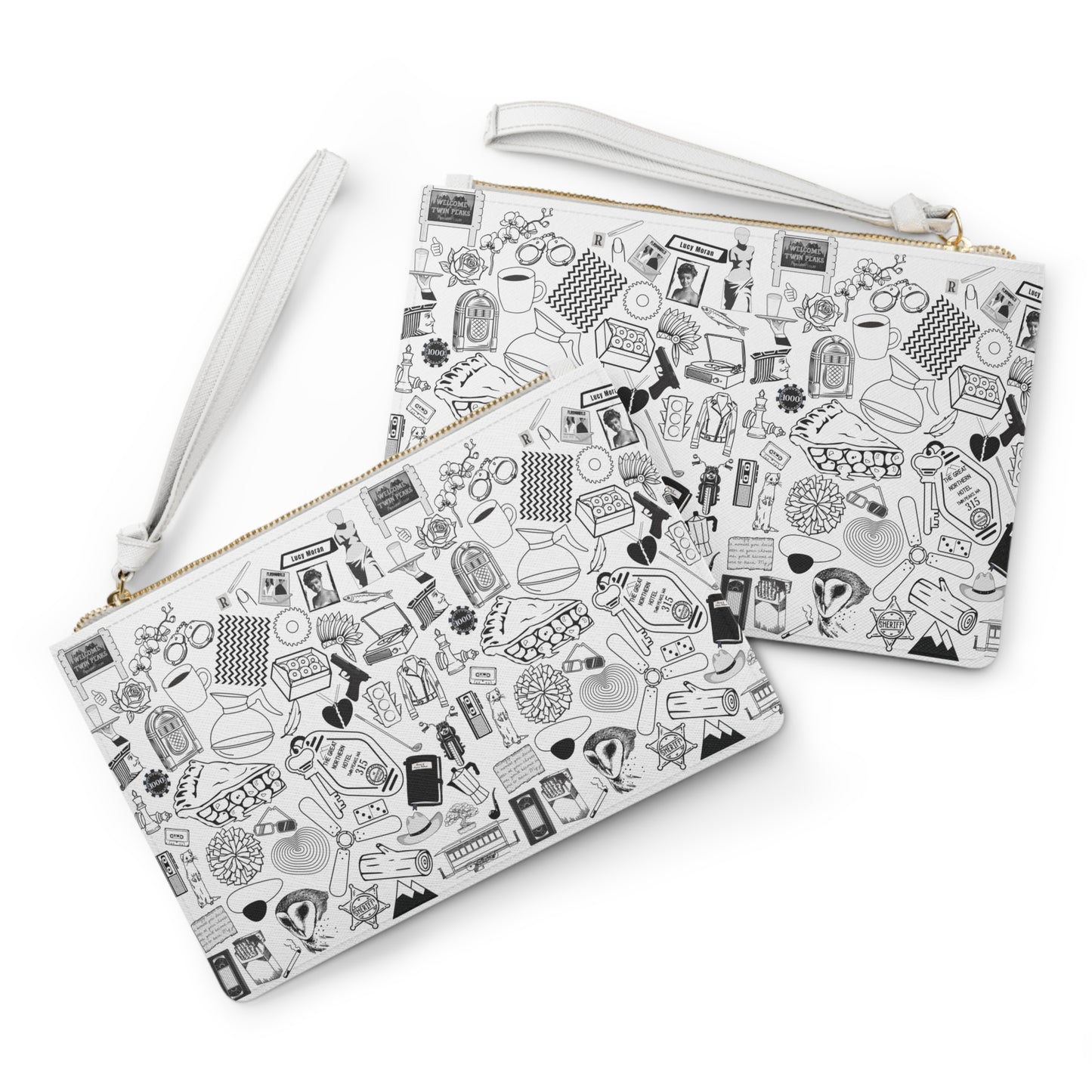 Twin Peaks Doodles Premium Vegan Leather Wristlet Clutch Bag - White