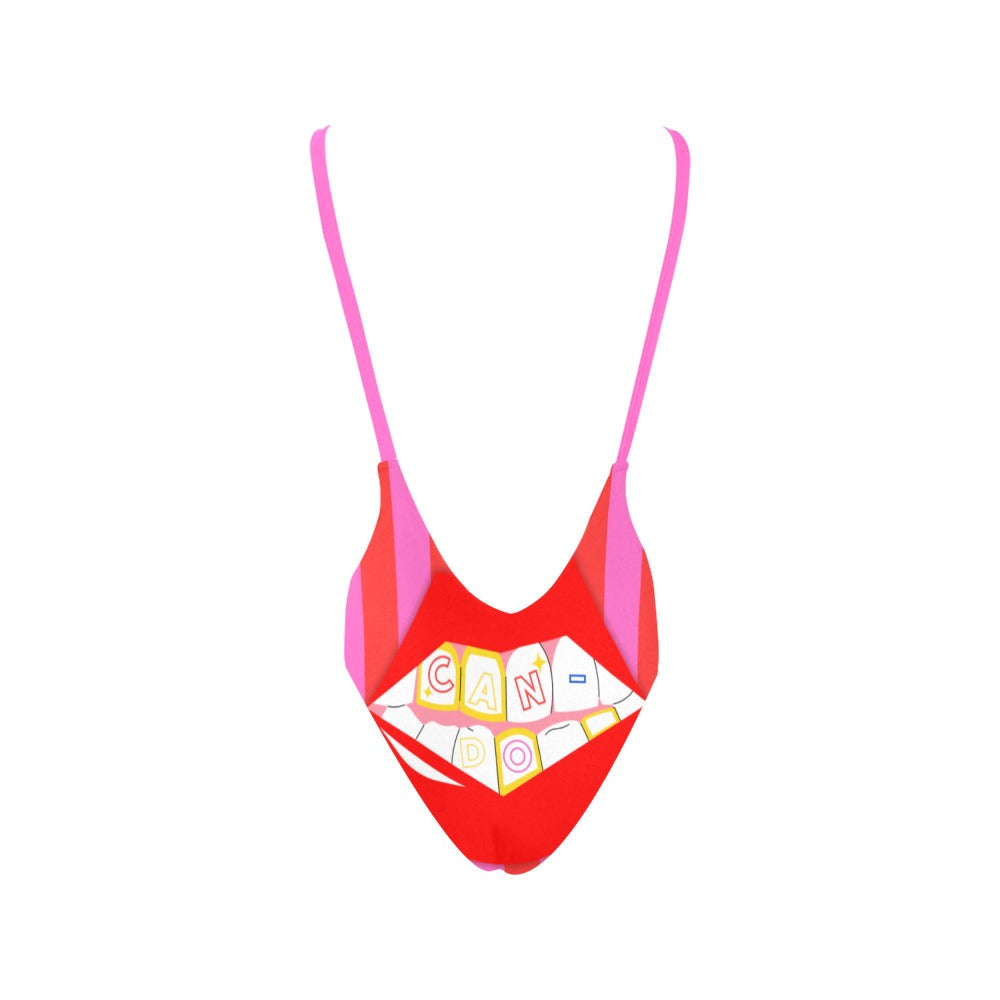 CanDo Goods Grill Red and Pink Stripe High-Cut Backless Swimsuit