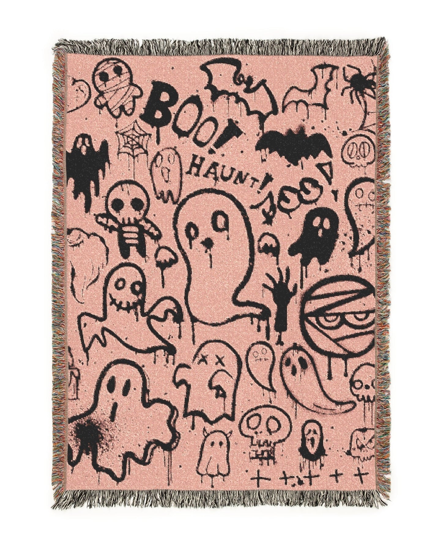 Pink blanket with Halloween-themed ghost and ghostbusters logo design on a white background