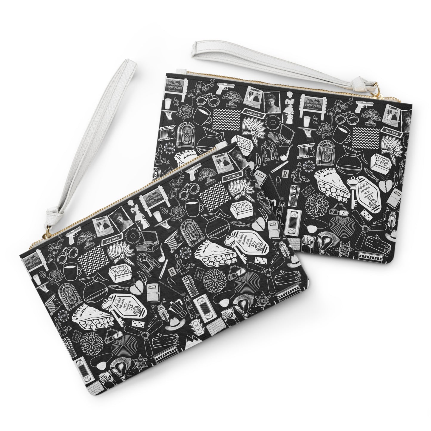 Twin Peaks Doodles Premium Vegan Leather Wristlet Clutch Bag - Black