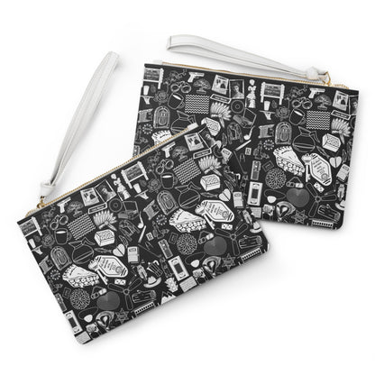 Twin Peaks Doodles Premium Vegan Leather Wristlet Clutch Bag - Black