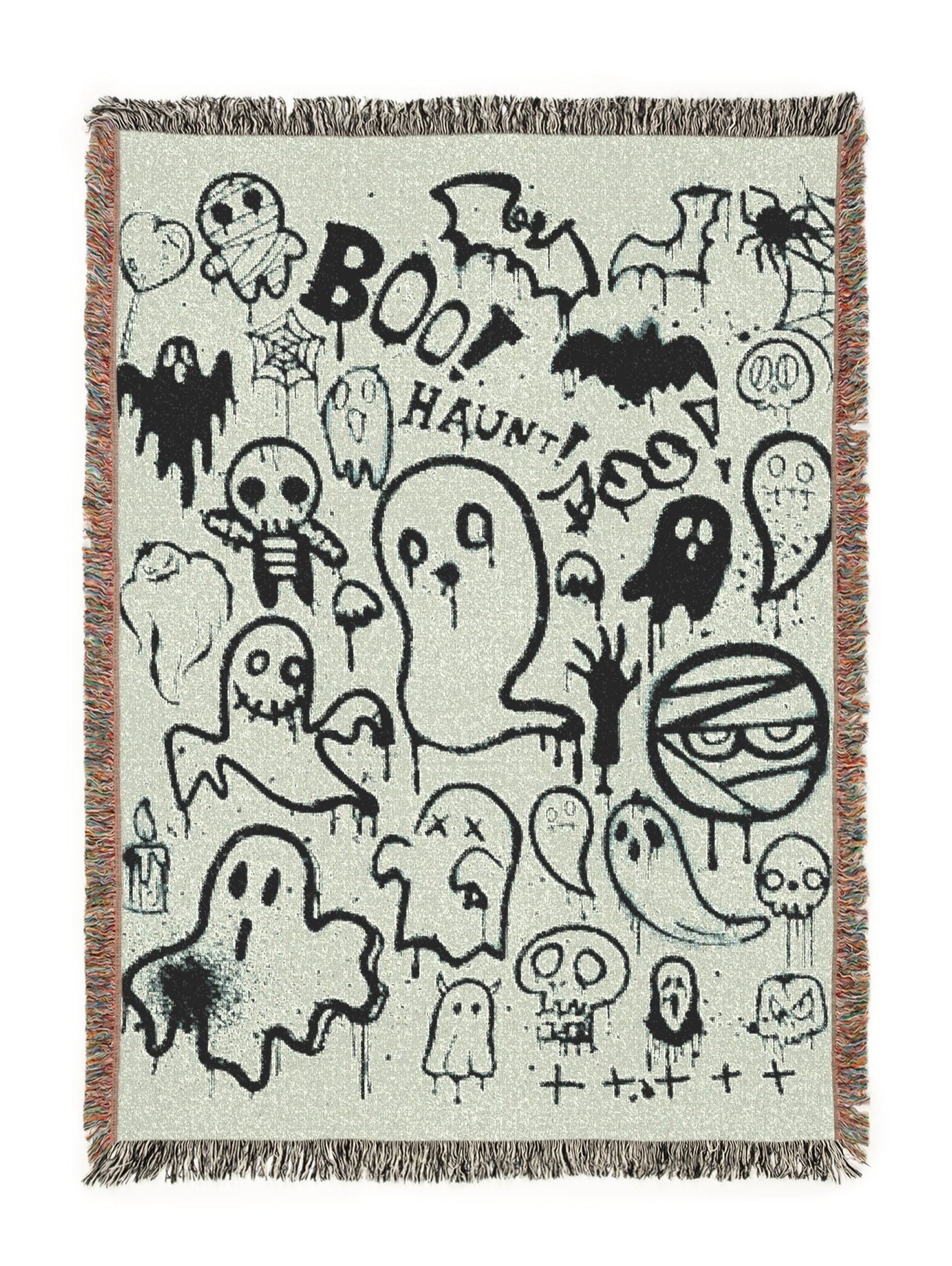 Halloween-themed blanket with black graphics on a white background