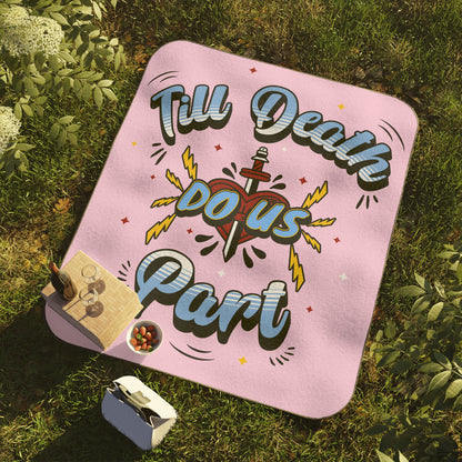 Till Death Do Us Part - Picnic Blanket with Carry Strap for Couples, Romantic Outdoor Blanket, Wedding Gift, Engagement Picnic Gear - Cool Pink