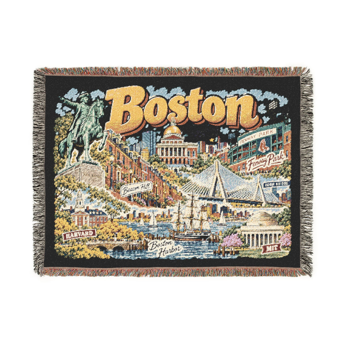 Boston City Skyline Vintage Postcard Souvenir Woven Blanket