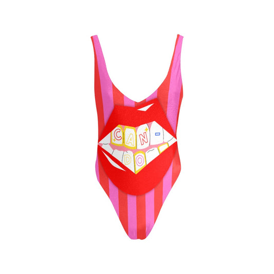 CanDo Goods Grill Red and Pink Stripe High-Cut Backless Swimsuit
